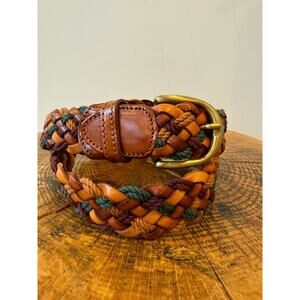 Braided leather and rope womens belt mulitcolor brown teal gold buckle 40 inches